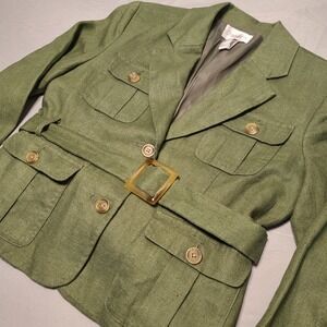 Chadwicks Linen Safari Blazer Womens 6P Olive Green Belted Utility Quiet Luxury